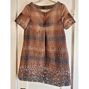OFITA sequined rhinestones short sleeve A line plaid 100% wool tweed dress Sz 4